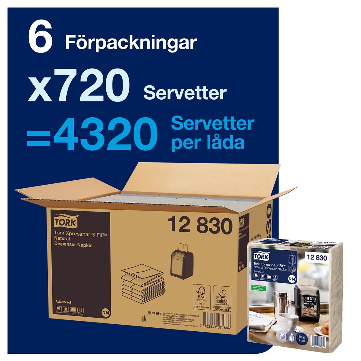 Dispenserservett Tork N14 2-lag Natur 16,5x21,3cm i öppen kartong