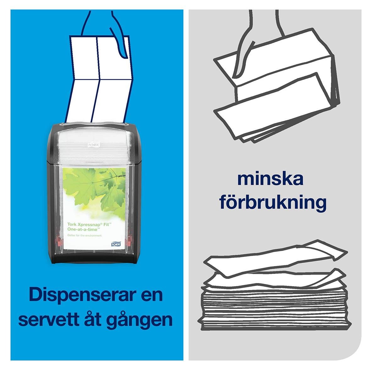 Dispenser för servetter Tork N14 2-lag Natur 16,5x21,3cm, visar hur man fyller på och minskar förbrukning