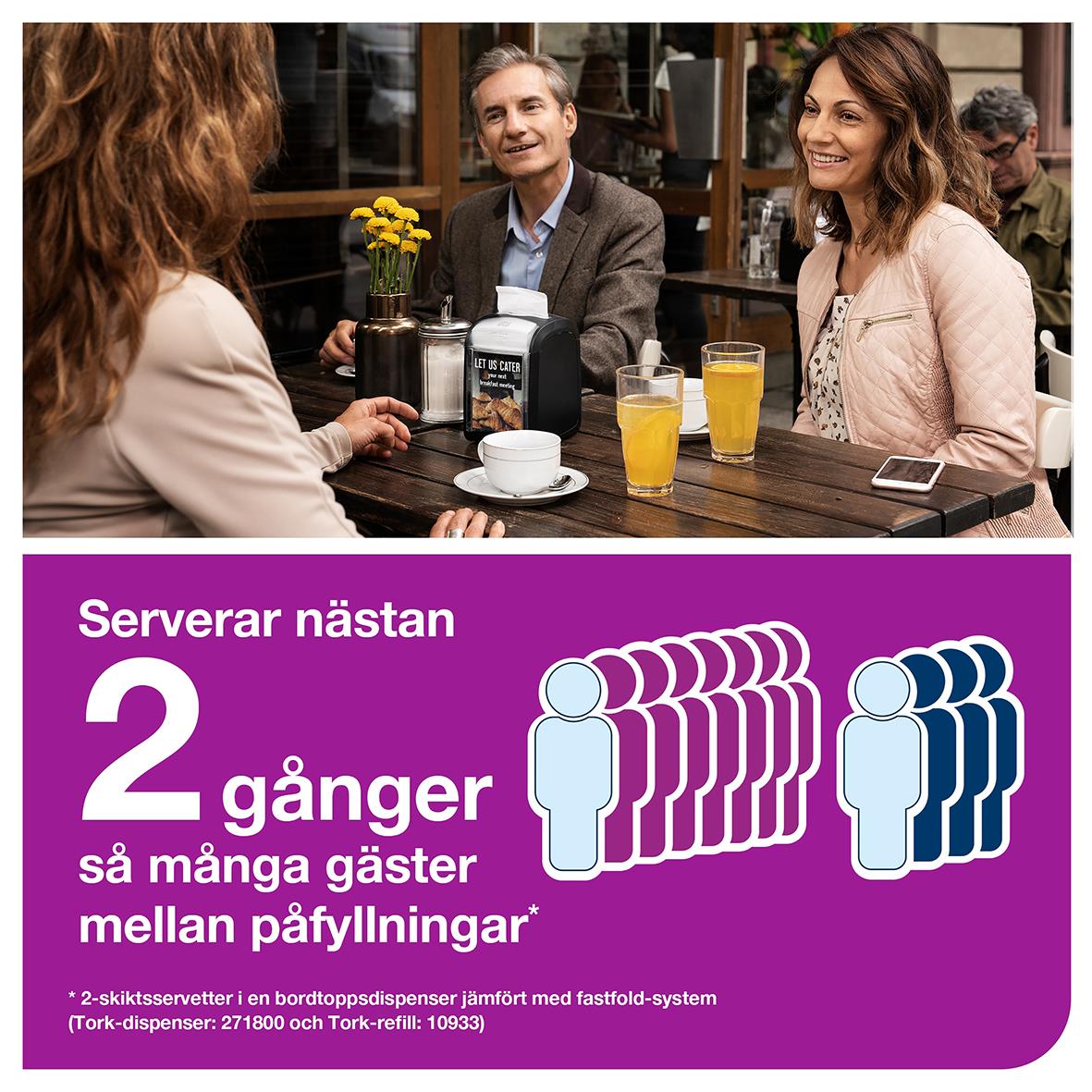 Servettdispenser Tork Xpressnap Fit N14 på ett bord med tre personer som äter och dricker i ett kafé eller restaurangmiljö.