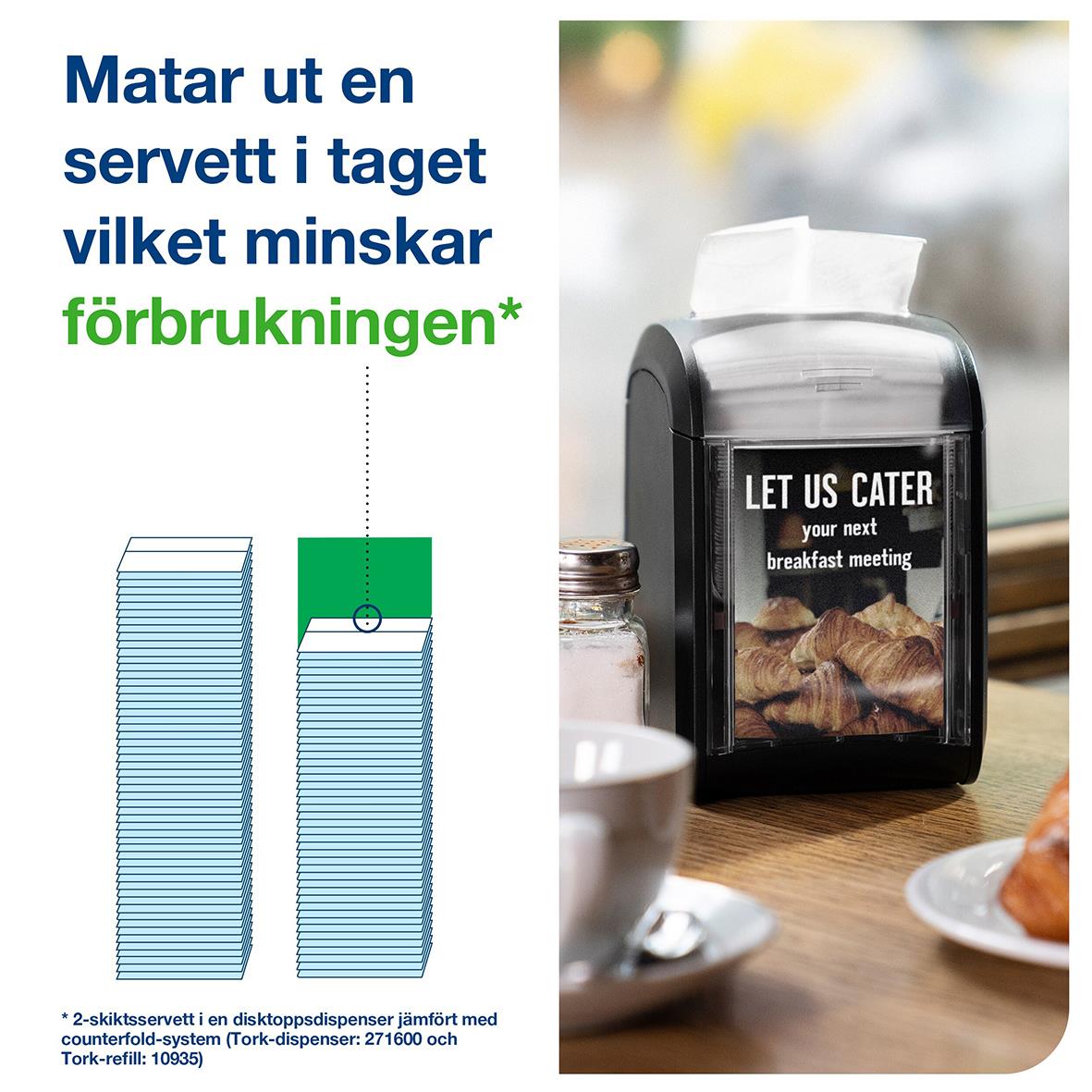 Servettdispenser Tork Xpressnap Fit N14 på ett bord med frukost, visar att det minskar matsvinn