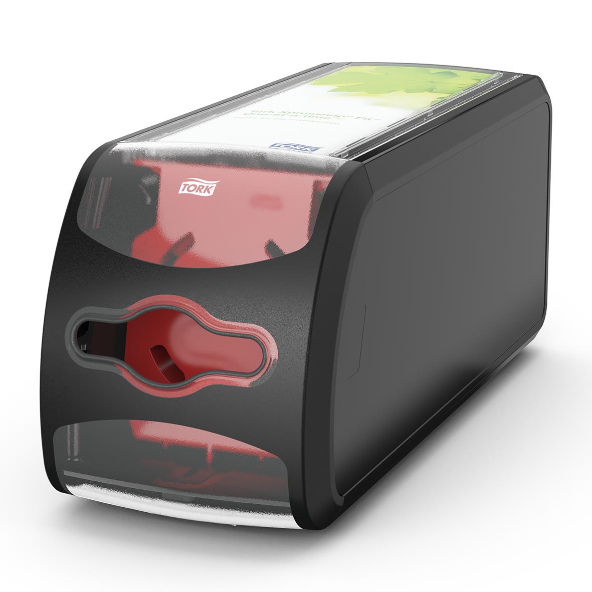 Svart servettdispenser Tork Xpressnap Fit N14 liggande design