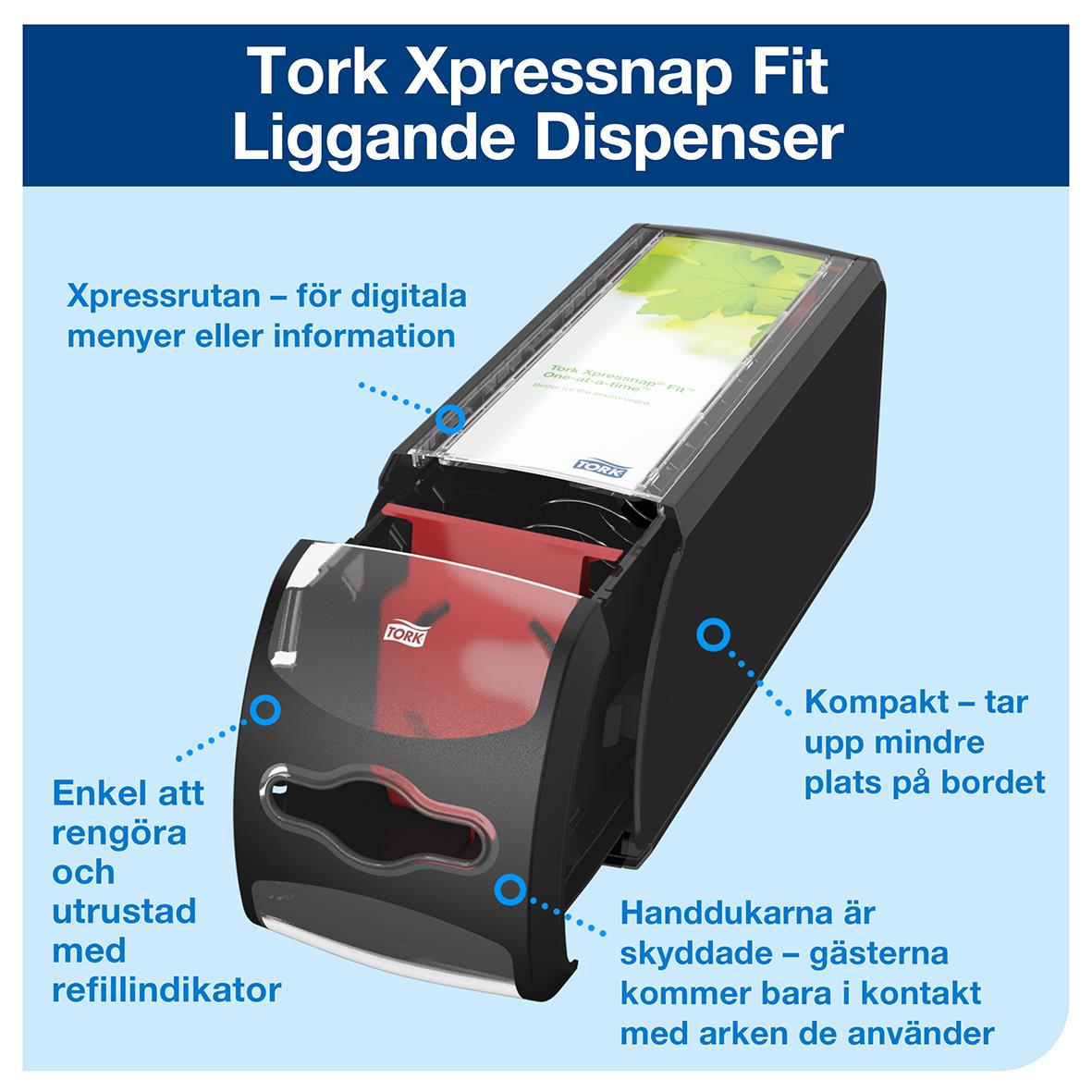 Svart Tork Xpressnap Fit liggande servettdispenser för digitala menyer, kompakt design och skyddade handdukar