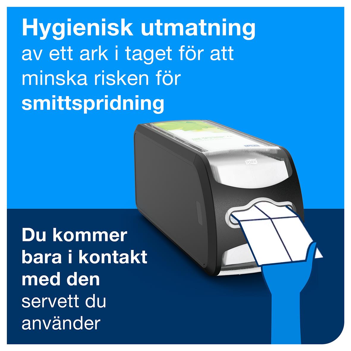 Svart servettdispenser Tork Xpressnap Fit N14 liggande för att minska smittspridning