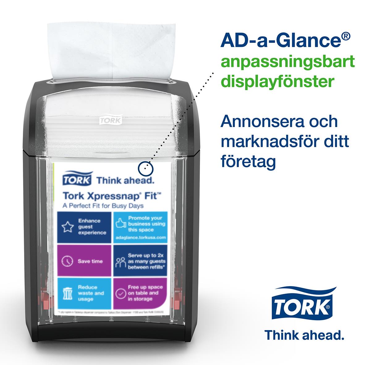 Svart servettdispenser Tork Xpressnap Fit N14 liggande med displayfönster och papper utstickande