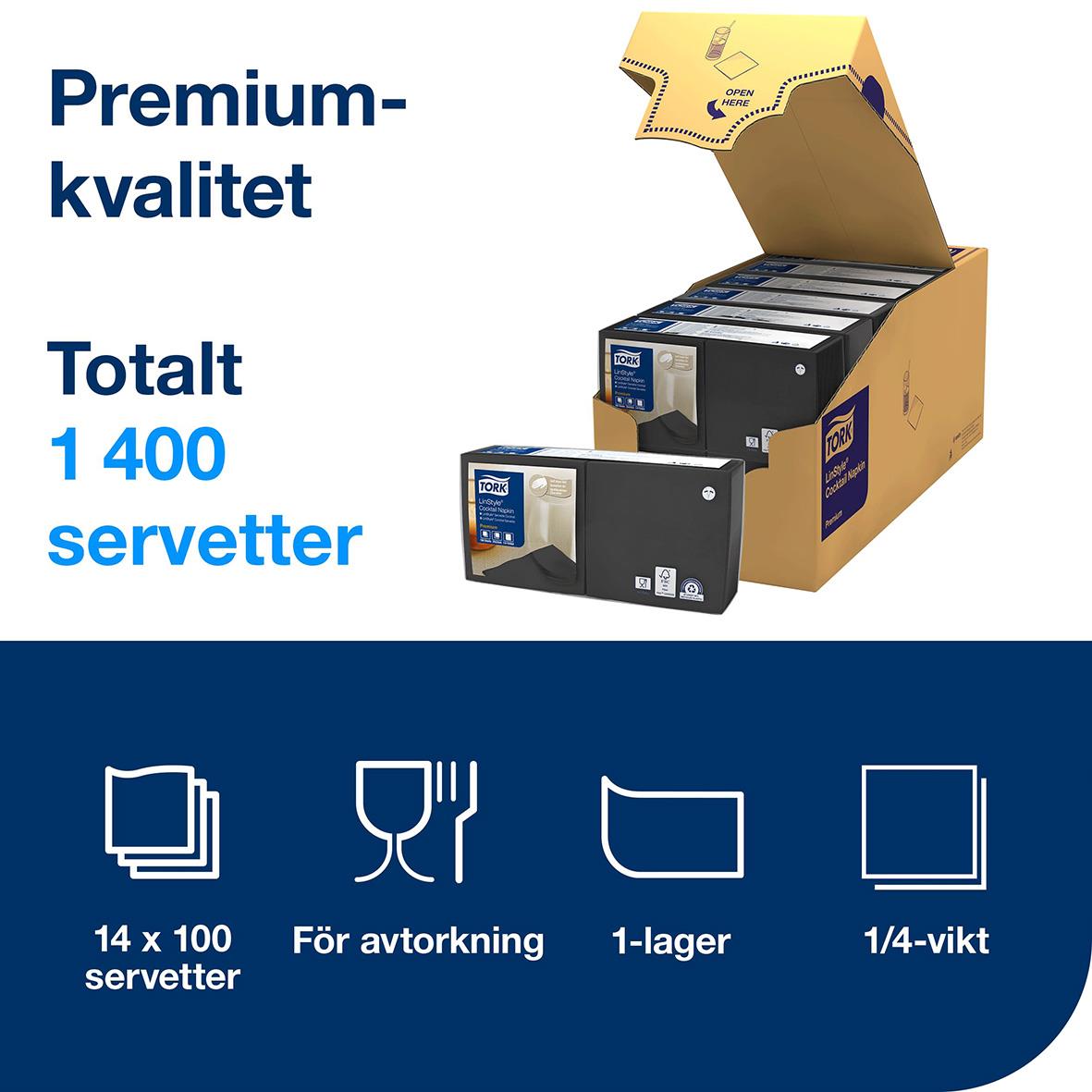 Servetter Tork LinStyle Svart 24x24cm i storpack med 1400 stycken, för avtorkning, 1-lager, 1/4-vikt