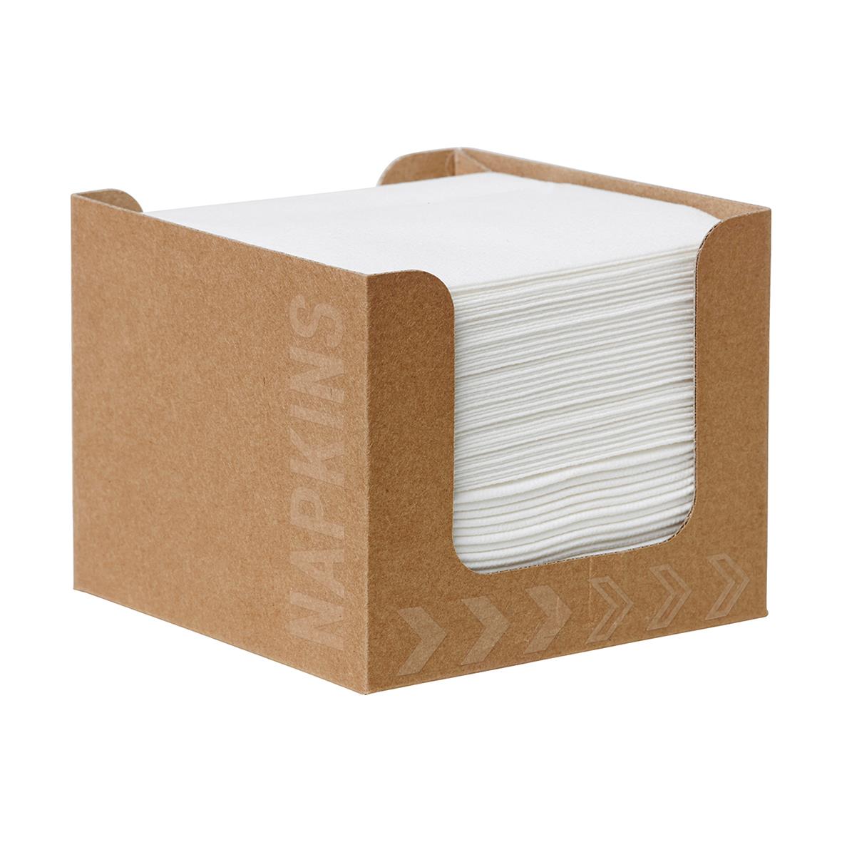 Servett Duni Dunisoft Bio kartongdispenser i brunt papper med vita servetter 20x20cm