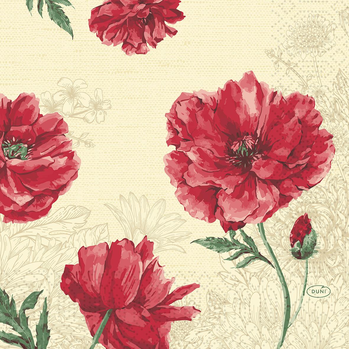 Servett Duni 3-lag Monique 33x33cm med stora röda blommor och gröna blad på ljus bakgrund