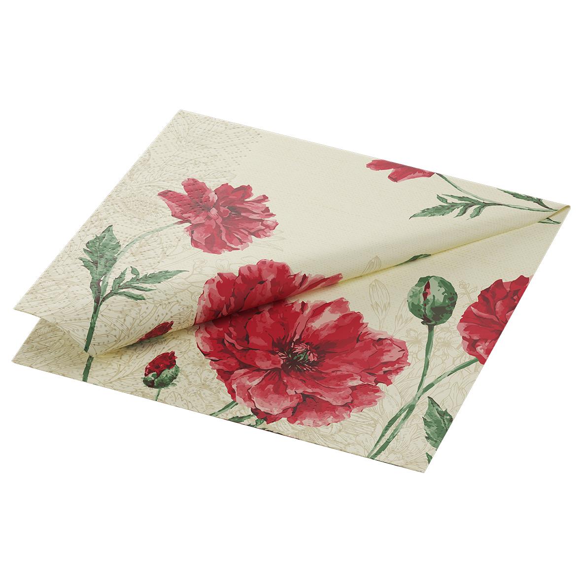 Servett Duni 3-lag Monique 33x33cm med röda blommor och gröna blad på vit bakgrund
