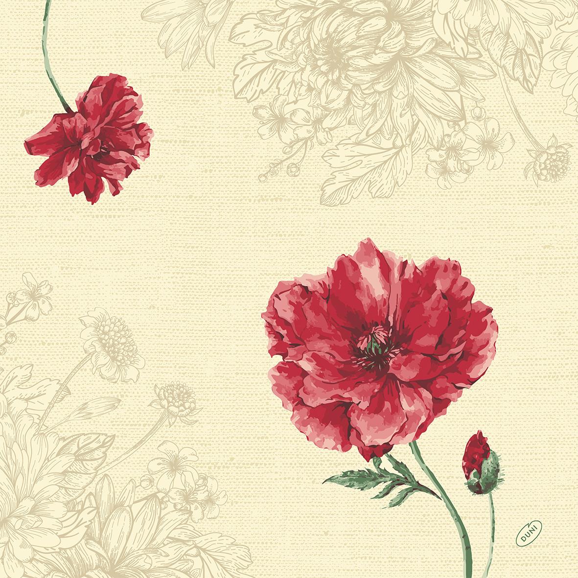 Servett Duni Dunisoft Monique 40x40cm med blommönster av röda pioner och subtila blomsterillustrationer på beige bakgrund
