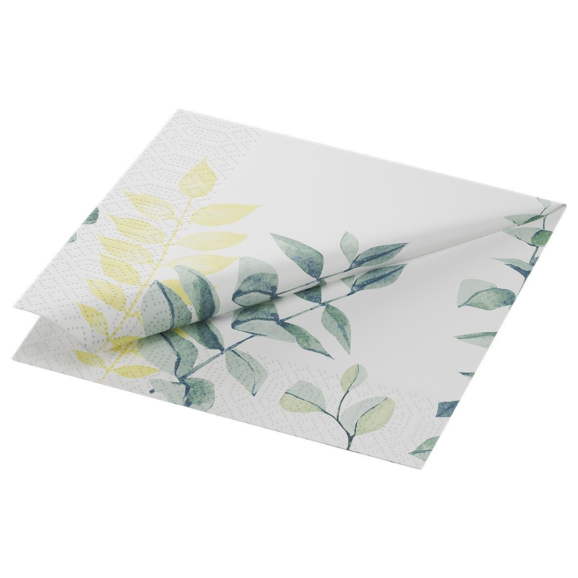 Servett Duni 3-lag Spire med gröna bladmönster på vit bakgrund 33x33cm
