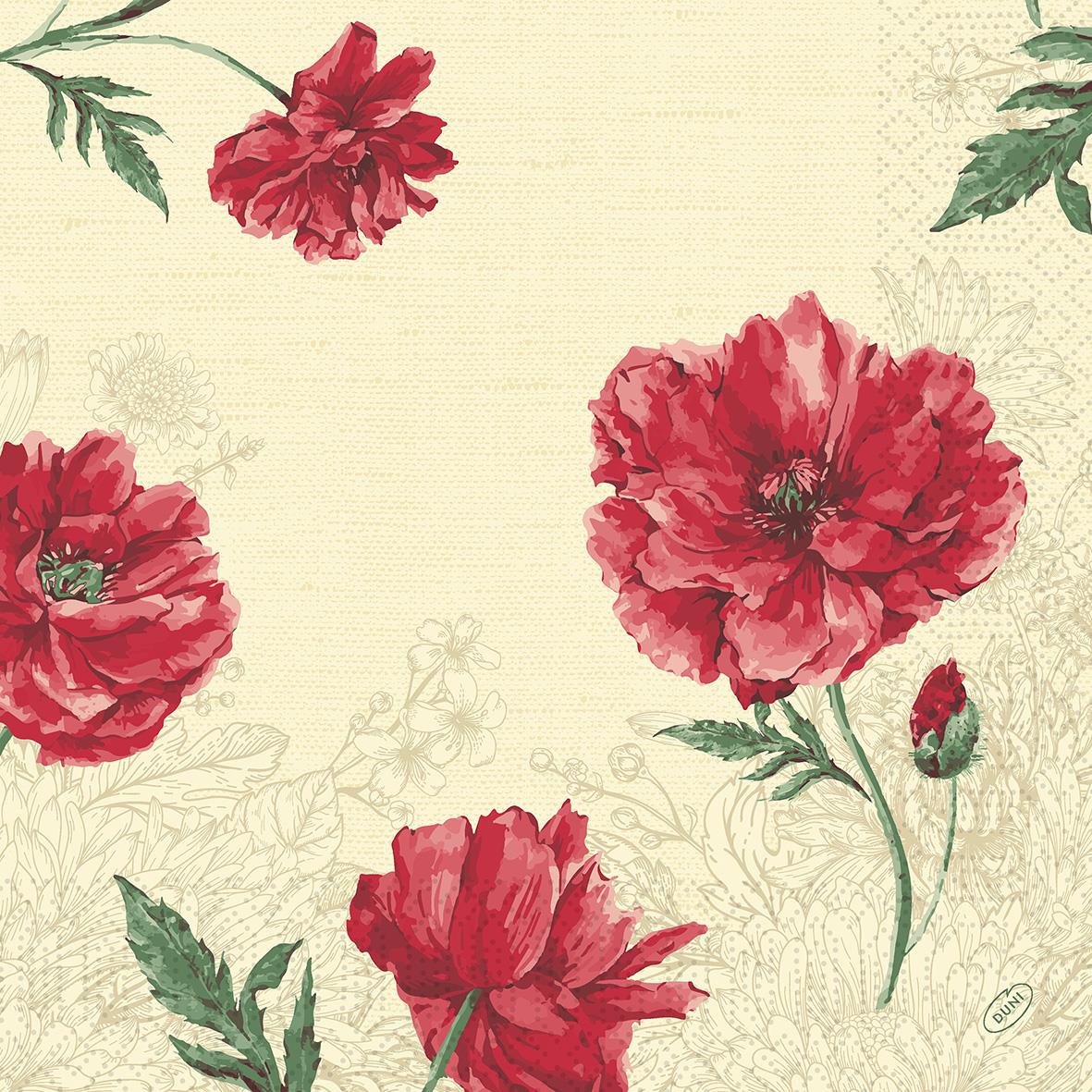 Servett Duni Monique 3-lag 40x40cm med röda blommor på beige bakgrund