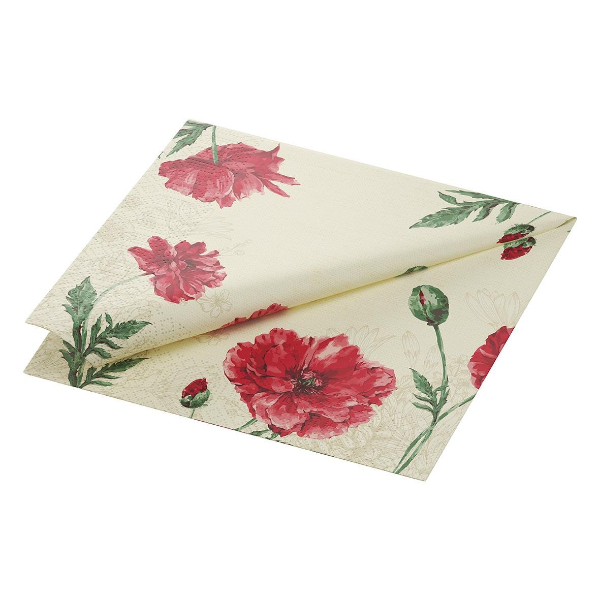 Servett Duni Monique 3-lagad med röda blommor och gröna blad på vit bakgrund