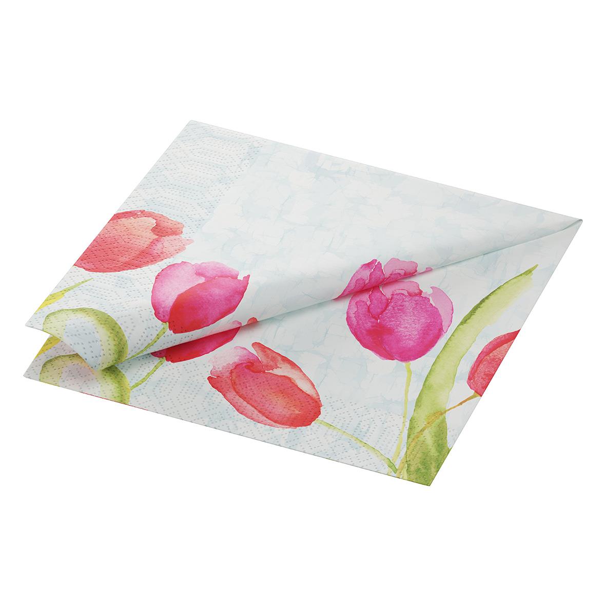 Servett Duni Painted Tulips 3-lag 40x40cm med tulpanmönster i rosa och grönt