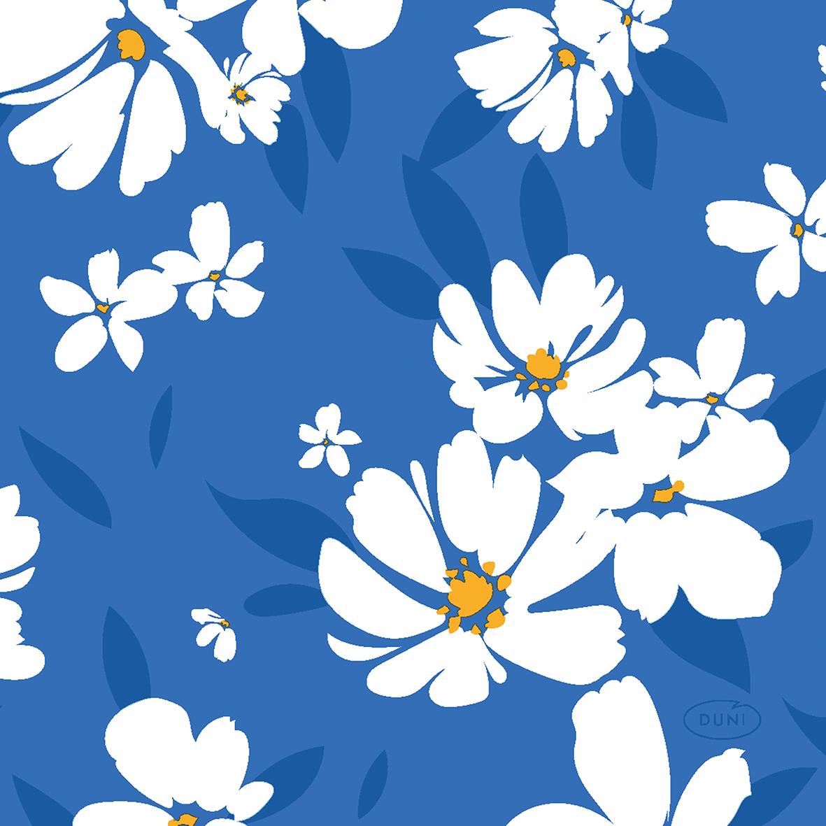 Servett Duni Sunny Day med vita blommor på blå bakgrund, 3-lag, 24x24cm