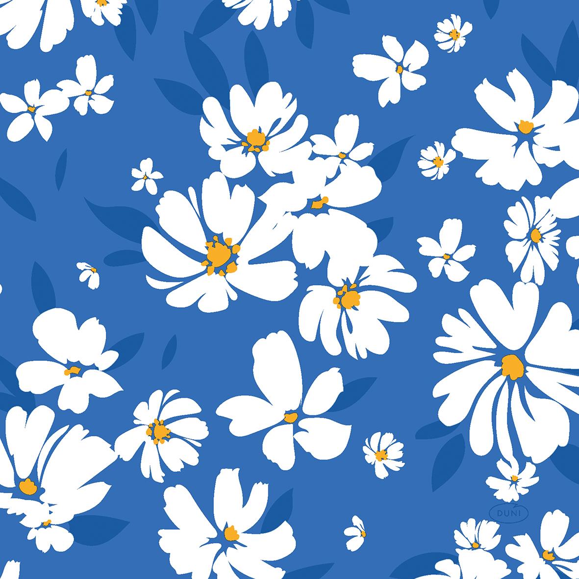 Servett Duni Sunny Day med blå bakgrund och vita blommor i tre lager, storlek 33x33cm