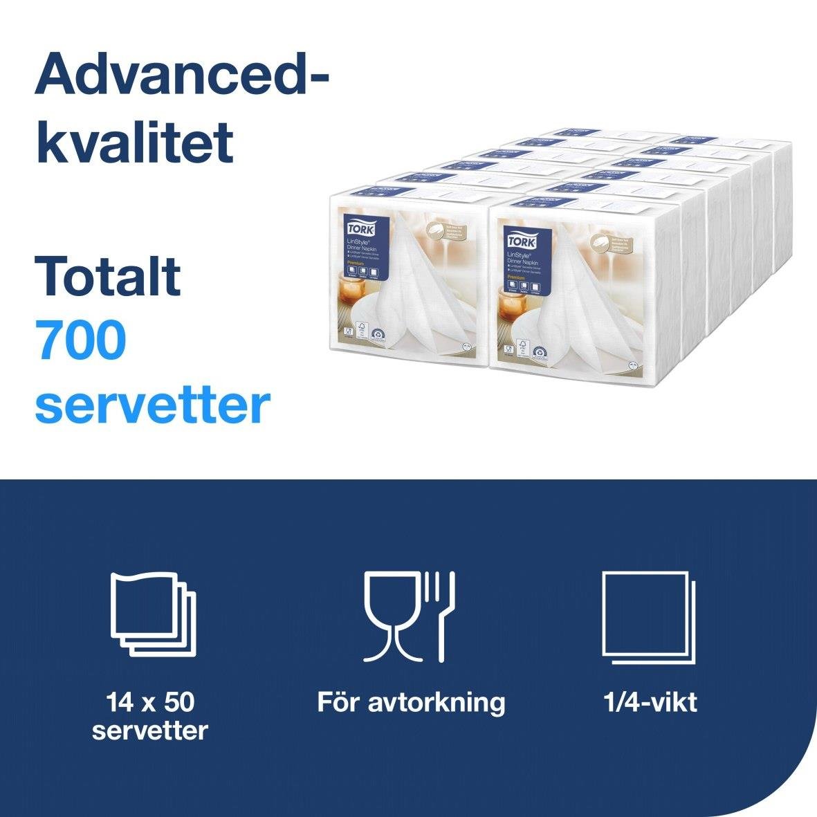 Vit servett i 1/4-vikt, 39x39cm, 14x50 servetter per förpackning, totalt 700 servetter