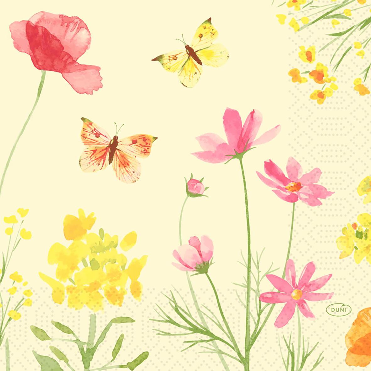 Servett Duni Poppy Field med blommor och fjärilar i pastellfärger