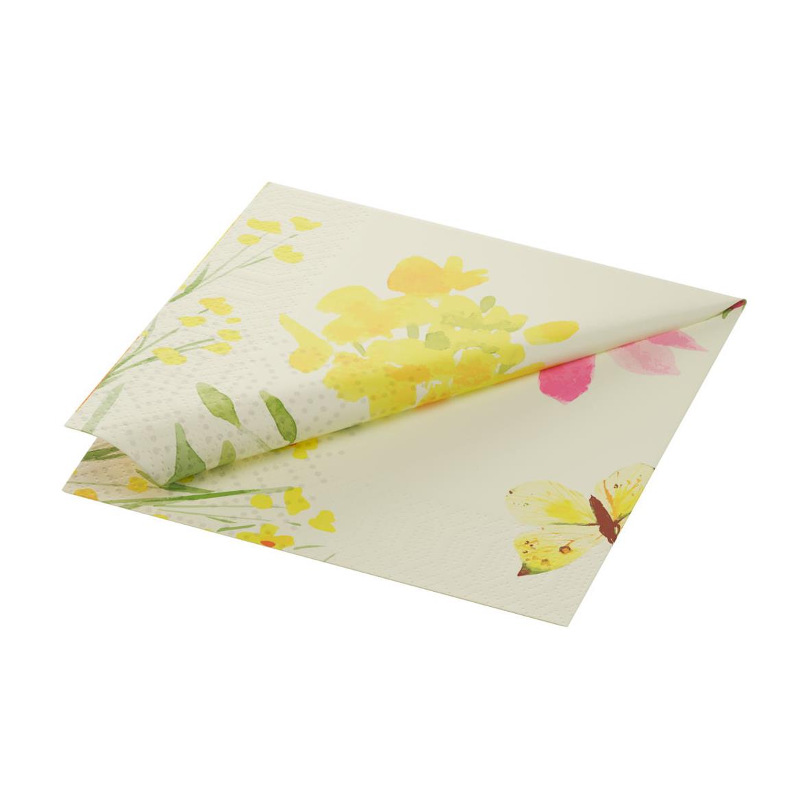 Servett Duni Poppy Field 3-lag 33x33cm med blommönster i gula och rosa nyanser