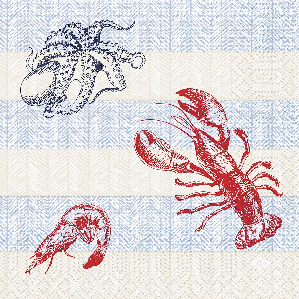 Blå och beige bakgrund med illustrationer av en bläckfisk, hummer och räka i rött och blått