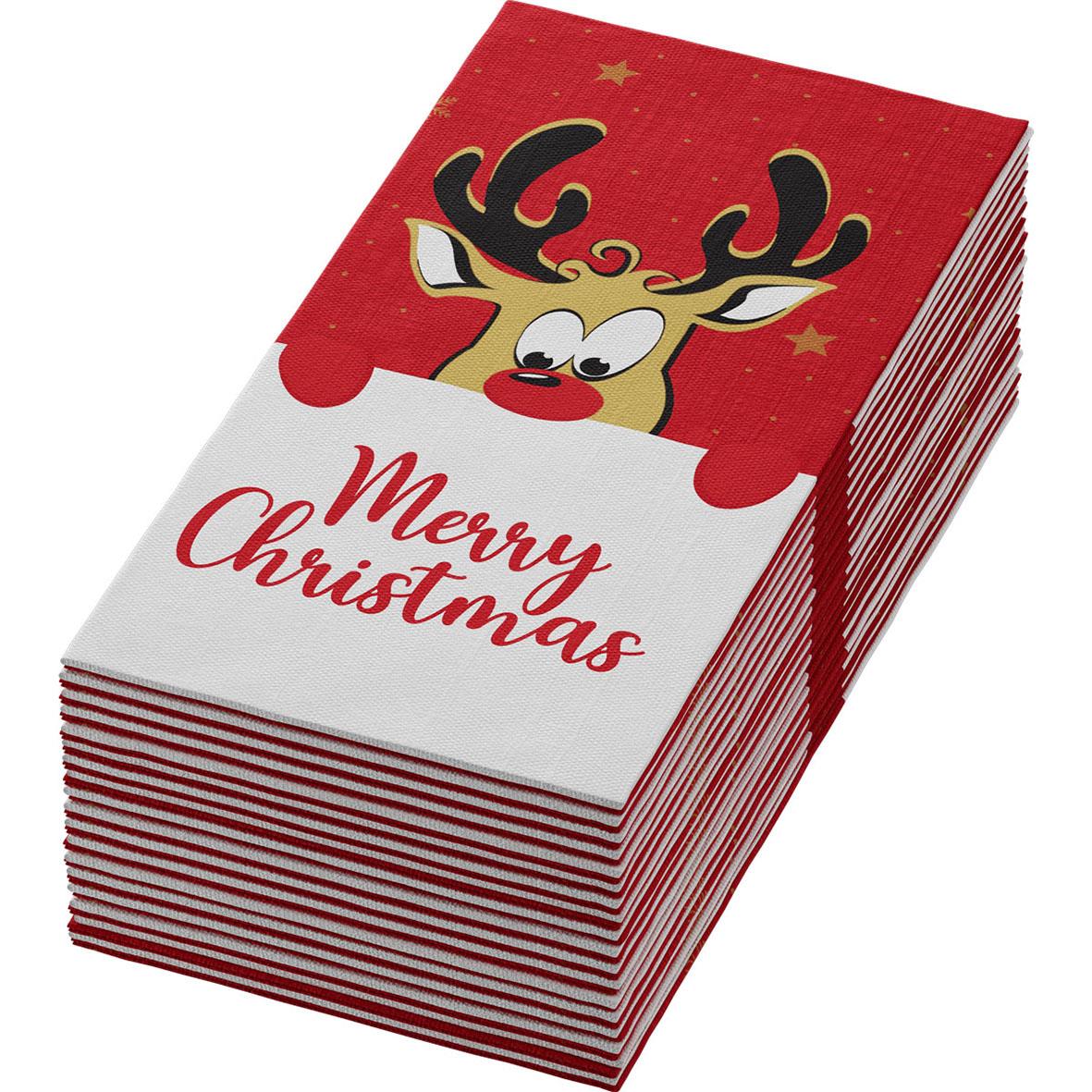 Servetter med julmotiv och text Merry Christmas i rött och vitt, med renansikte på förpackningen