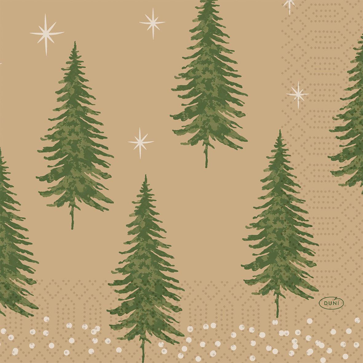 Servett Duni Humble trees med gröna julgranar på beige bakgrund med snöflingor och stjärnor