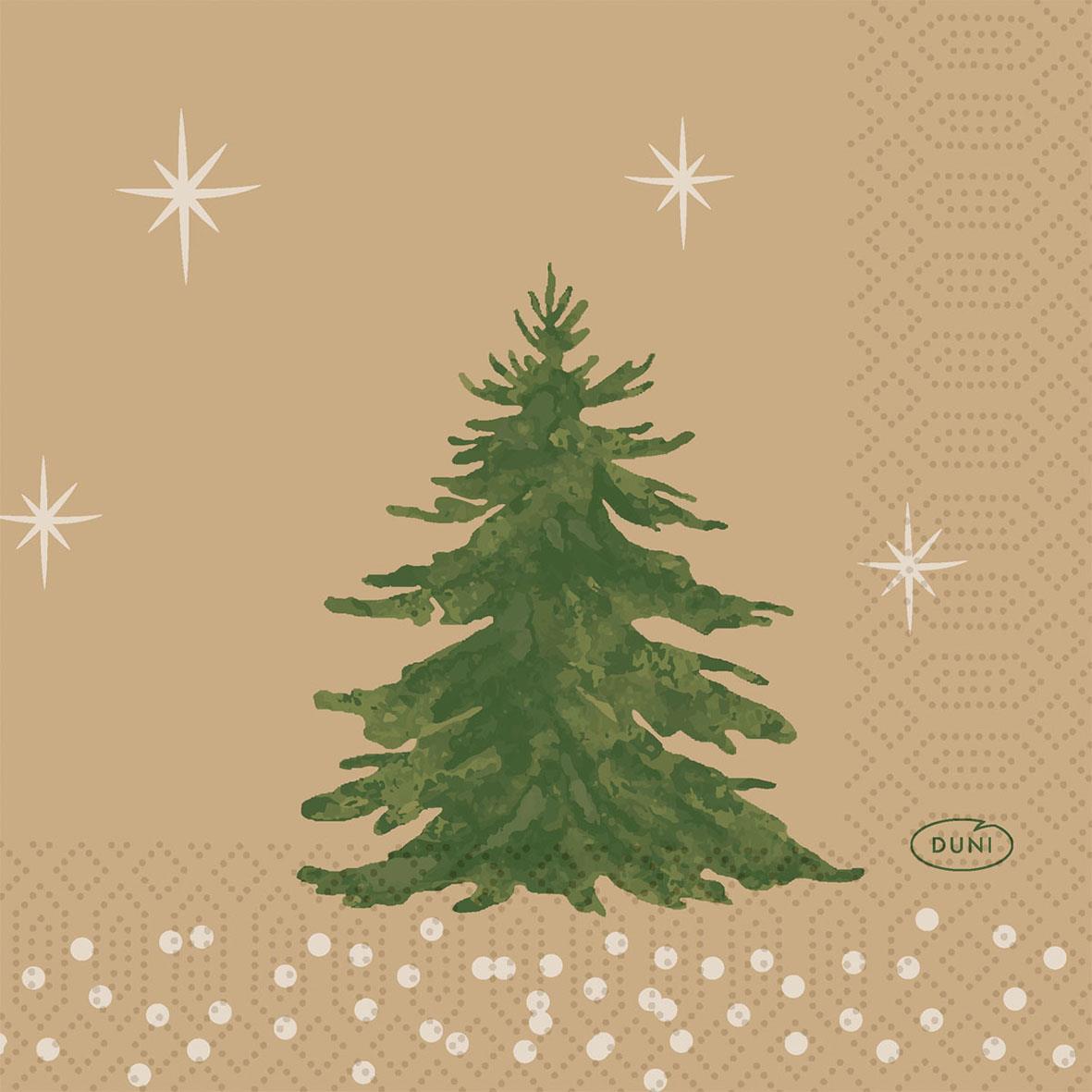 Servett Duni Humble trees 3-lag 24x24cm med gröna julgranar och snöflingor på beige bakgrund