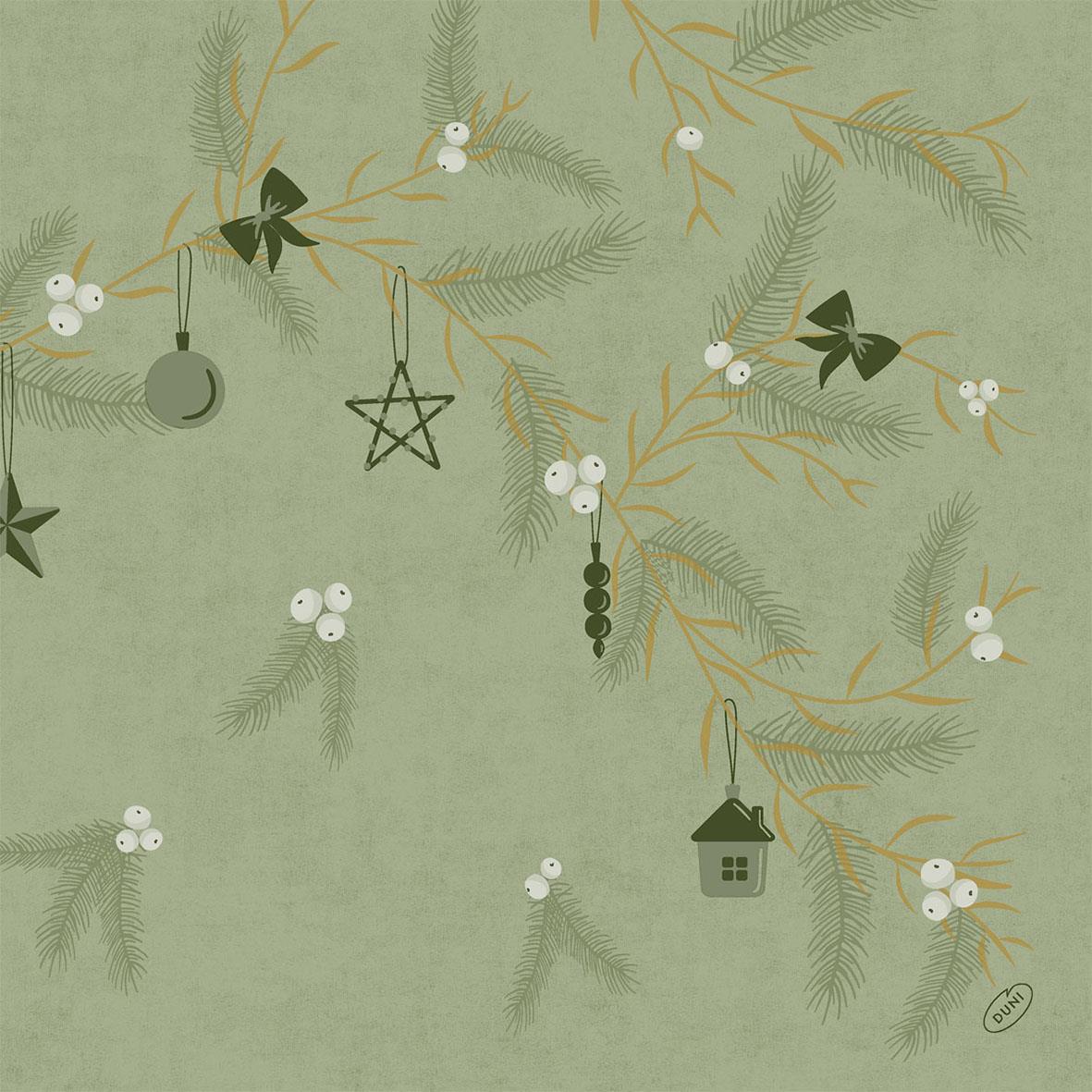 Servett Duni Noel Pistachio Bio Dunisoft 40x40cm med julgransgrenar och juldekorationer på grönt bakgrund