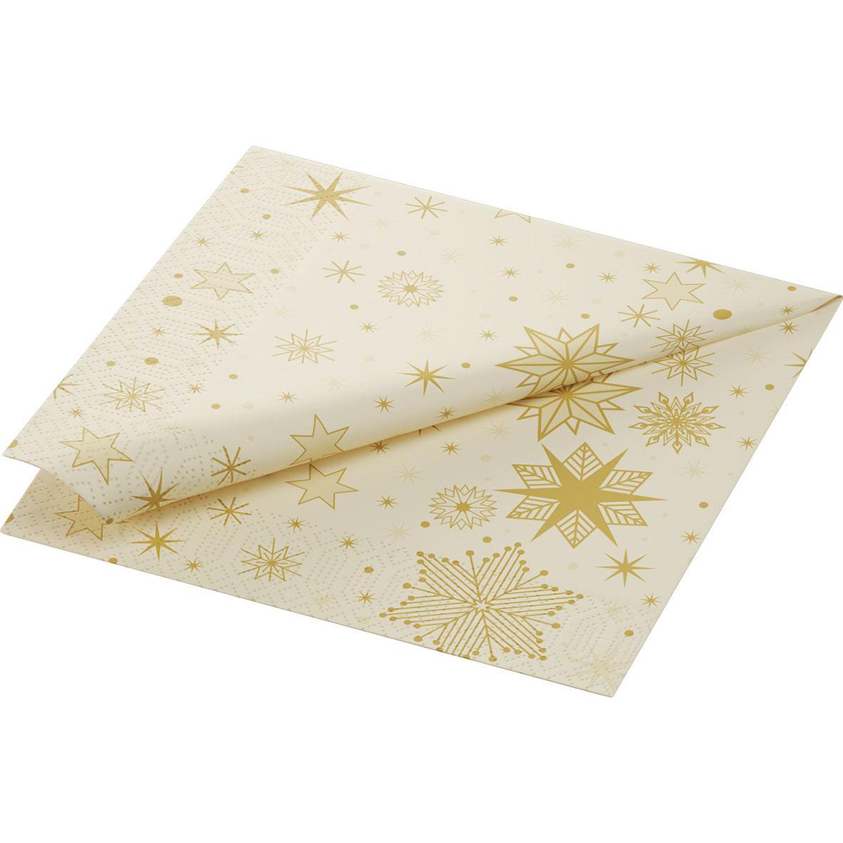 Servett Duni Stargazing Cream med guldstjärnor och snöflingor, 3-lag, 40x40cm, juligt tema