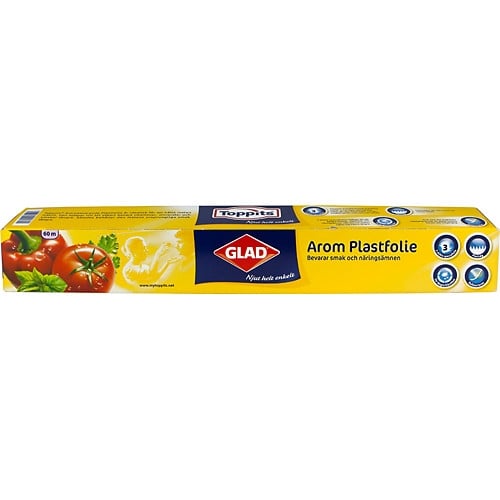 Matfilm Toppits Gladpack PE 32,5cm x 50m i gul och blå förpackning med tomater och sallad
