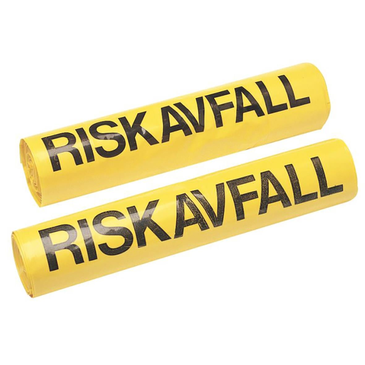 Två gula plastpåsar för riskavfall med svart text Riskavfall