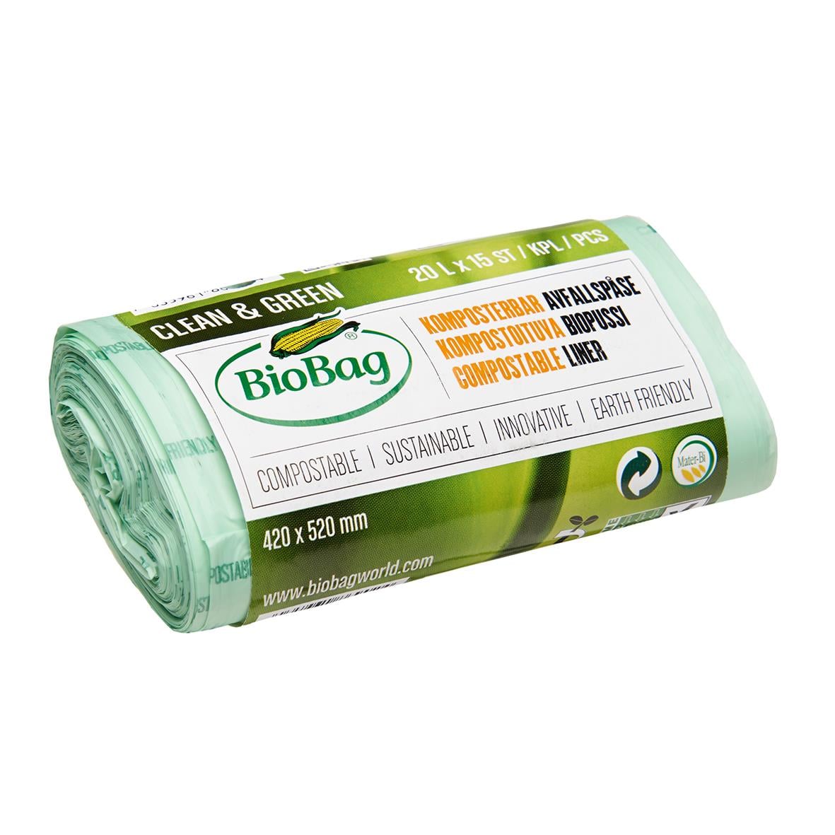 Biobag komposterbar avfallspåse 20L, 420x520mm, grönt och vitt design