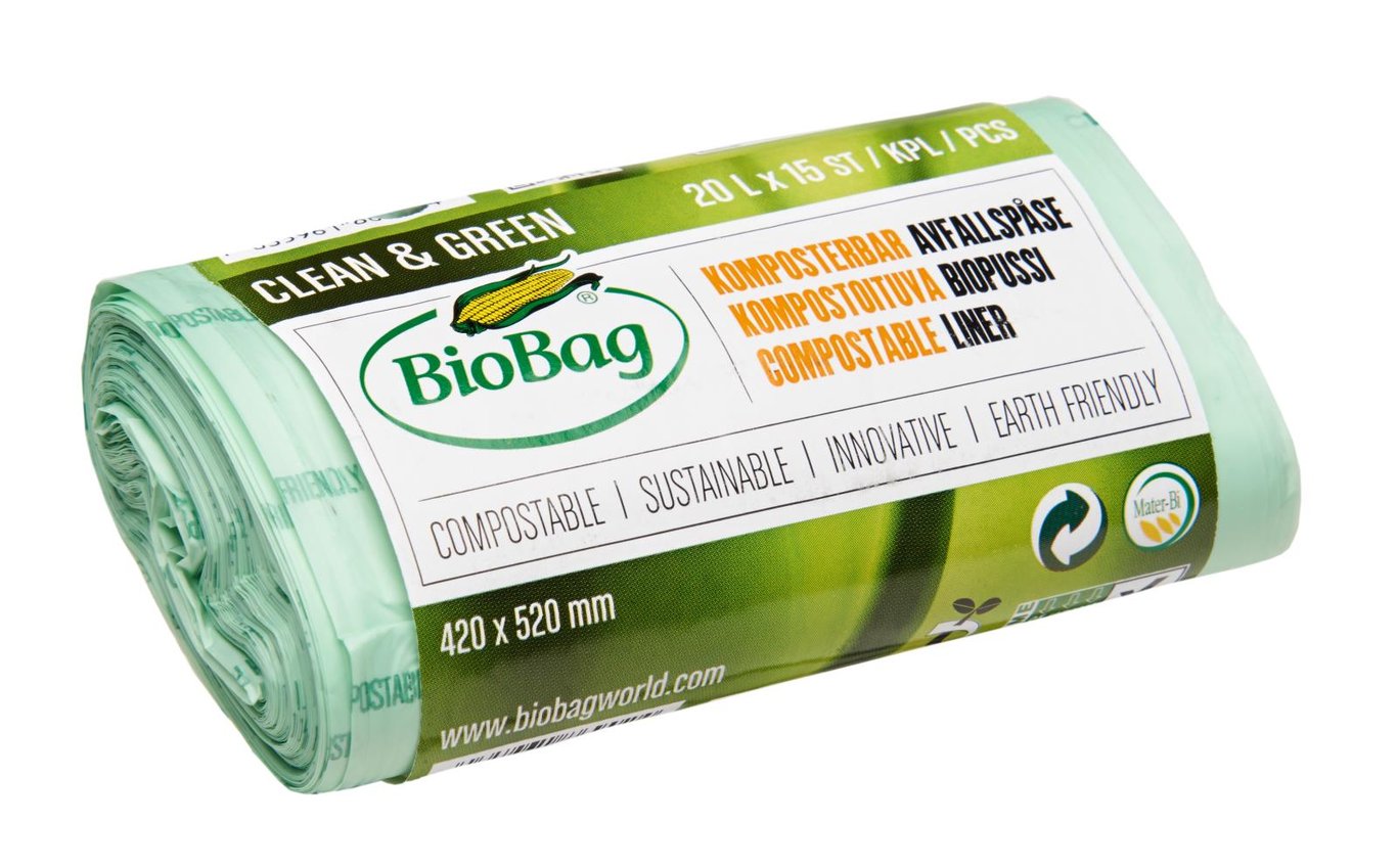 Biobag komposterbar avfallspåse 20L, 420x520mm, grönt och vitt design