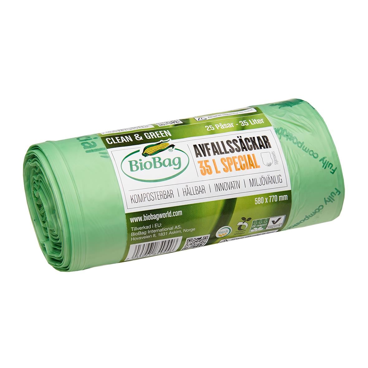 Grön biobag för kompostavfall, 35L, 24my, 580x770mm, rullad