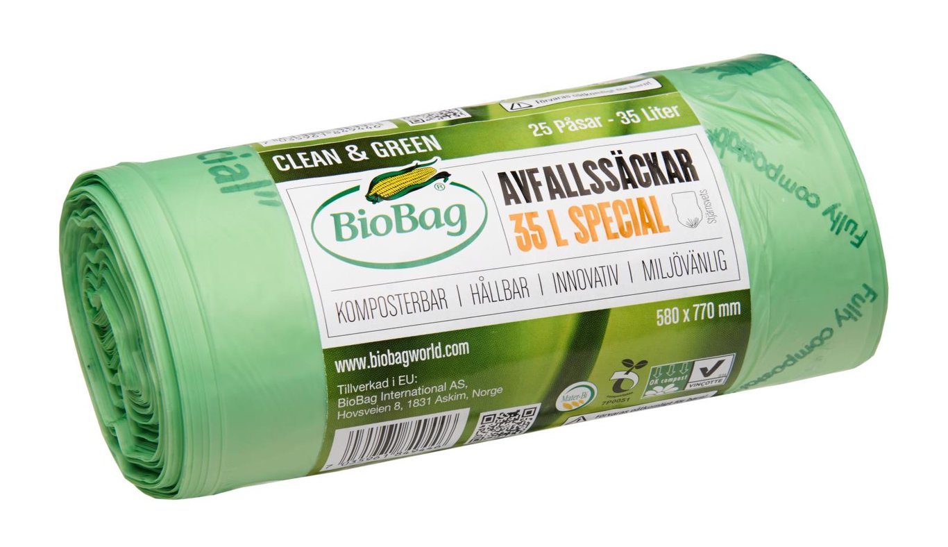 Grön biobag för kompostavfall, 35L, 24my, 580x770mm, rullad
