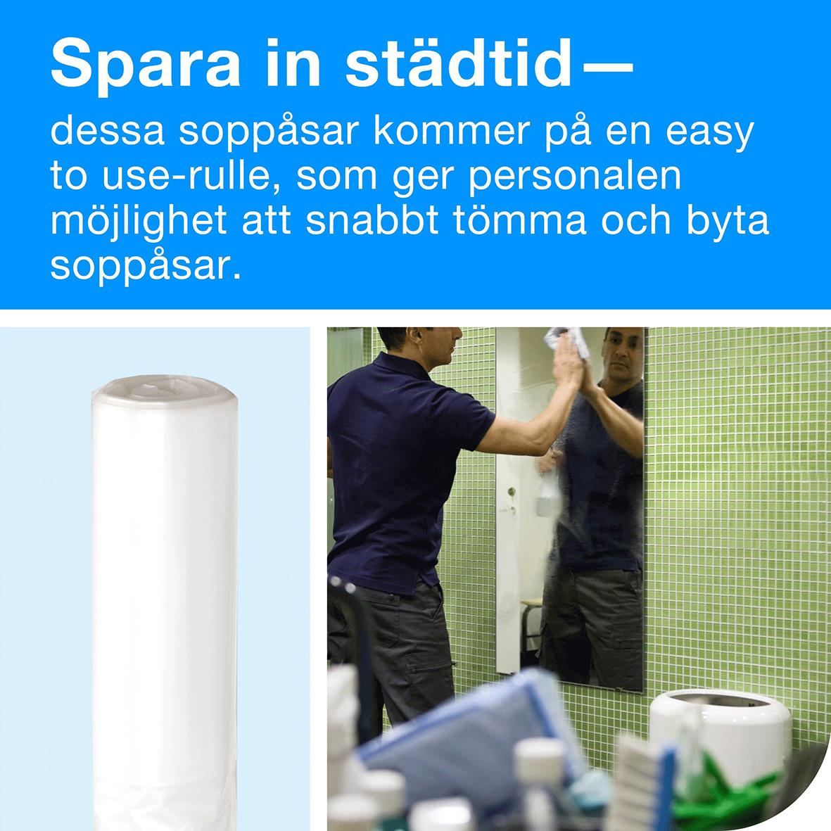 Transparent soppåse Tork B1 50L används för snabb tömning och byte i offentliga utrymmen