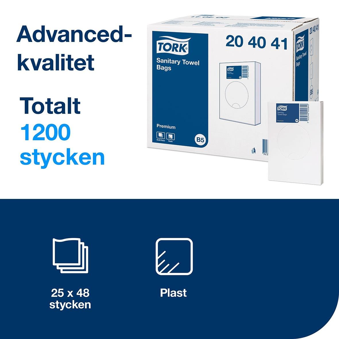 Sanitetspåse Tork B5 1L vit, 1200 stycken, plast, 25x48 cm
