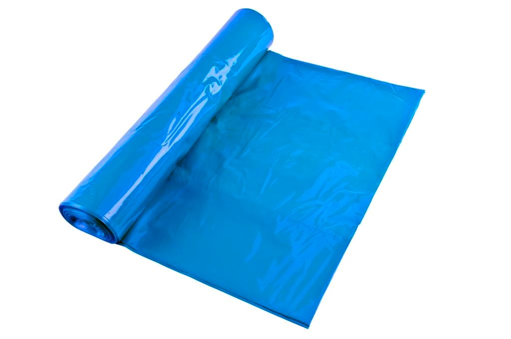 Blå och vit sopsäck av plast, 125L, 750x1150mm, 90my tjock, rullad