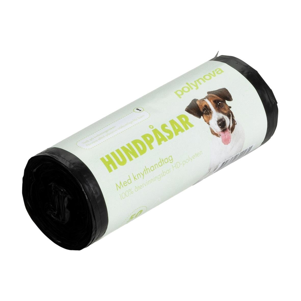Svarta hundpåsar i rulle med bild av hund och text Hundpåsar