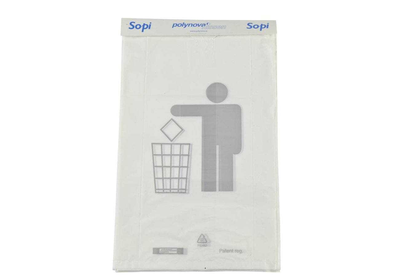 Vit soppåse Sopi HD Pappryttare 2L 20my 215x350mm med ikon av person och papperskorg