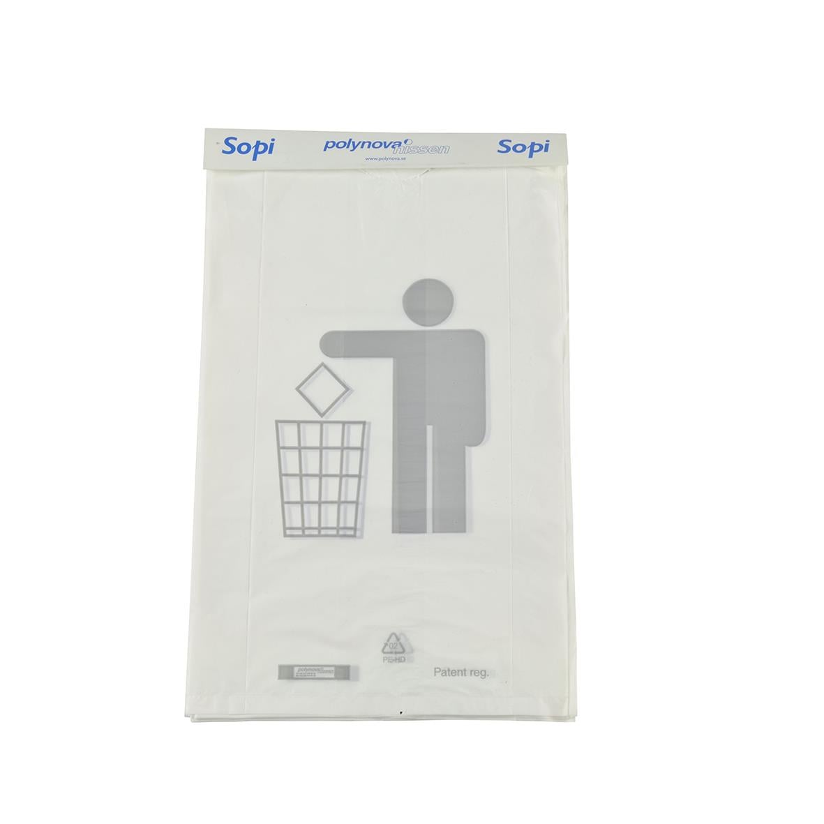 Vit soppåse Sopi HD Pappryttare 2L 20my 215x350mm med ikon av person och papperskorg