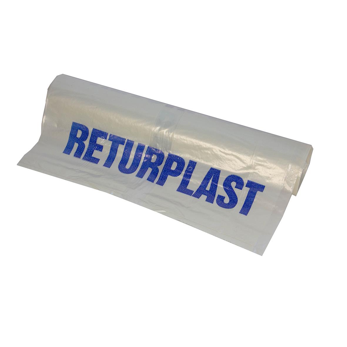 Transparent sopsäck med blå text RETURPLAST, 240L, 50my, 870x1600mm, knyt