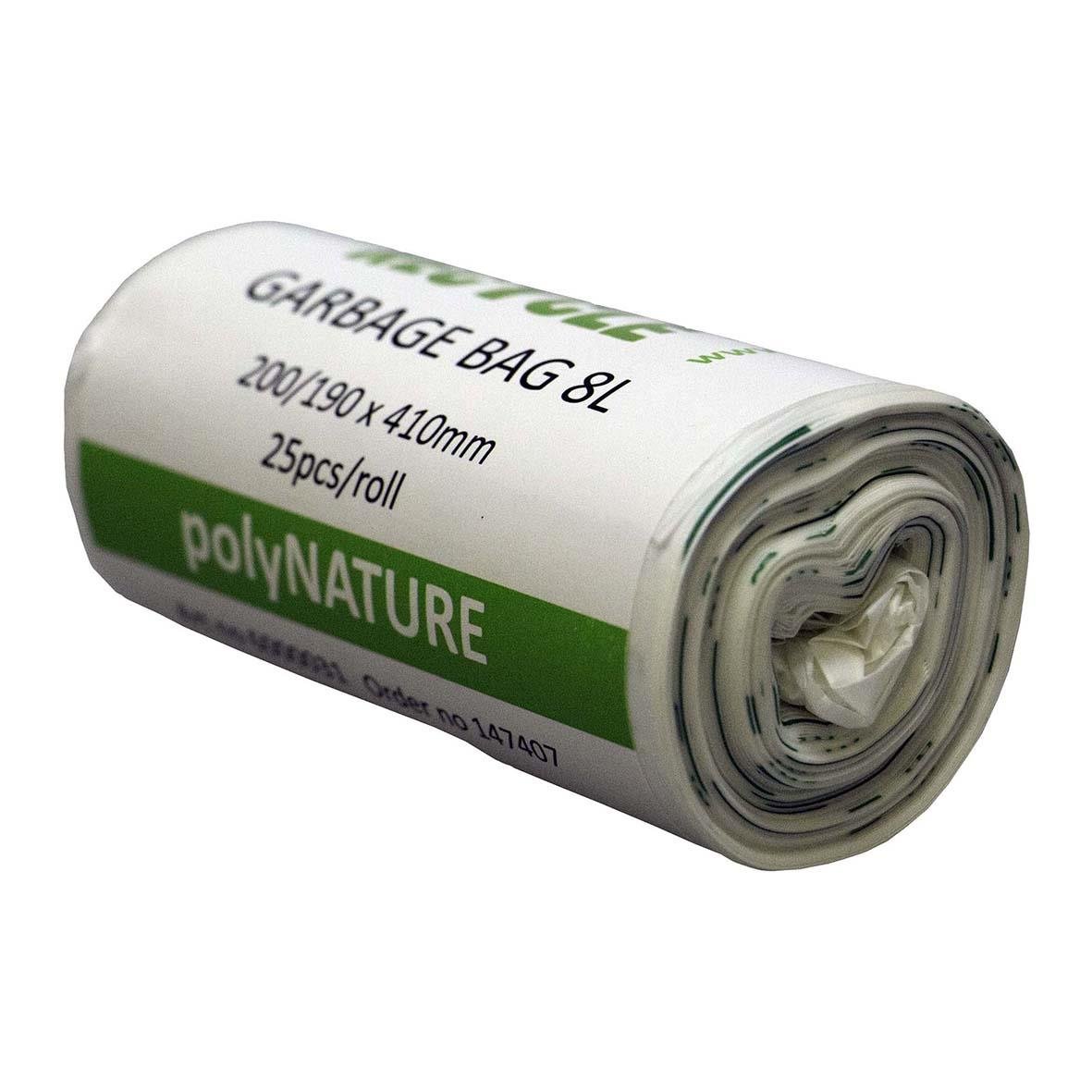 Vit kompostpåse PolyNATURE 8L, 390x410mm, 25 stycken per rulle