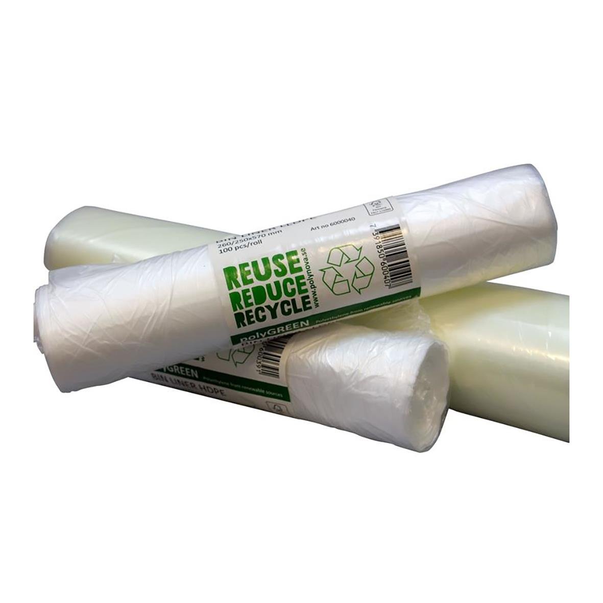 Transparanta sopsäckar av LDPE 125L, 35my, 750x1150mm, med återvinningssymbol och miljöbudskap
