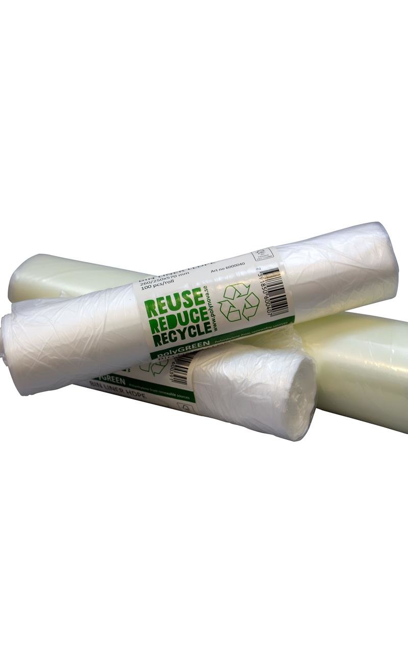 Transparanta sopsäckar av LDPE 125L, 35my, 750x1150mm, med återvinningssymbol och miljöbudskap