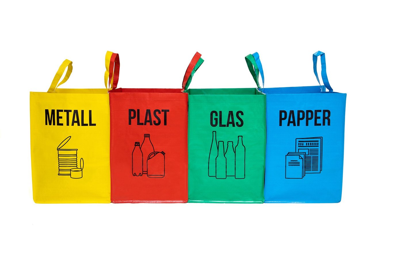 Källsorteringsset med behållare för metall, plast, glas och papper i olika färger