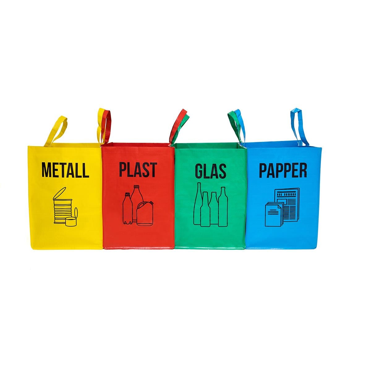 Källsorteringsset med behållare för metall, plast, glas och papper i olika färger