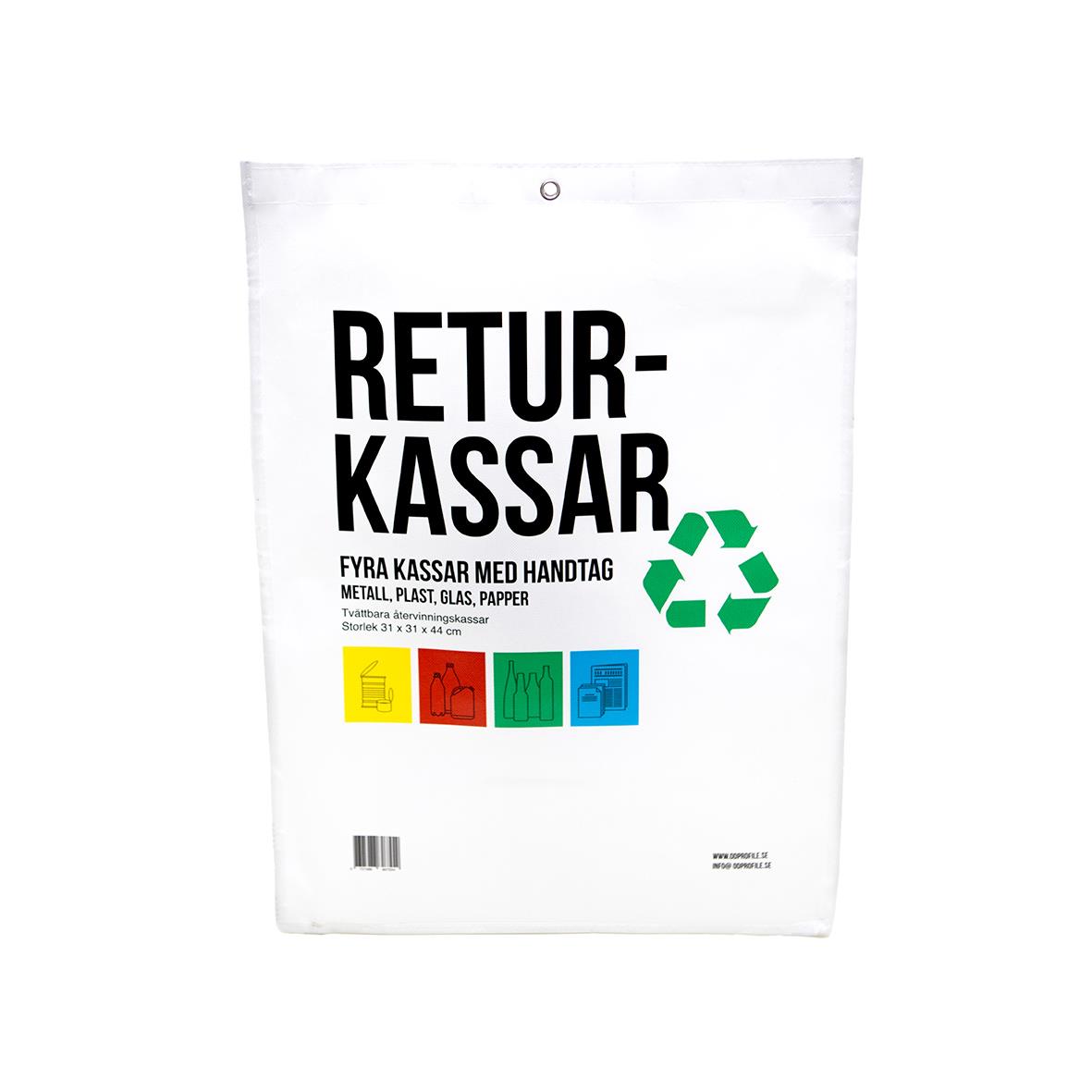 Källsorteringsset med fyra kassar för metall, plast, glas och papper, med handtag och återvinningssymbol