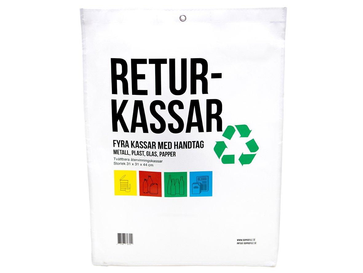 Källsorteringsset med fyra kassar för metall, plast, glas och papper, med handtag och återvinningssymbol
