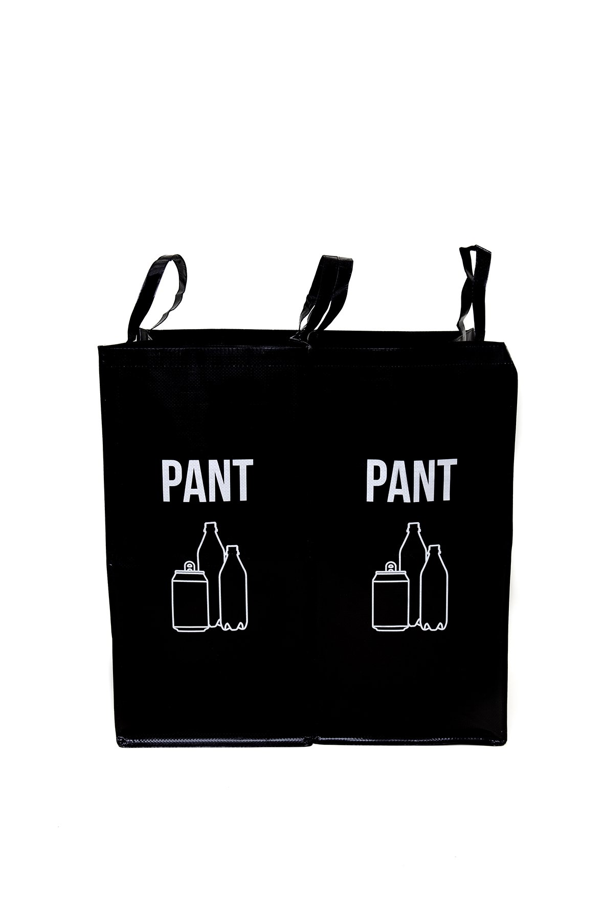 Svart tygpåse med texten PANT och bilder av återvinningsbara flaskor, mått 320x320x650mm