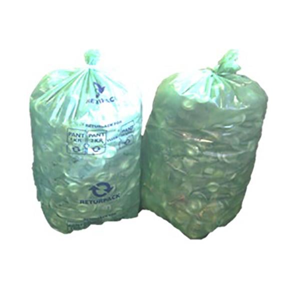 Två transparenta plastpåsar med pantburkar, 240L, för återvinning